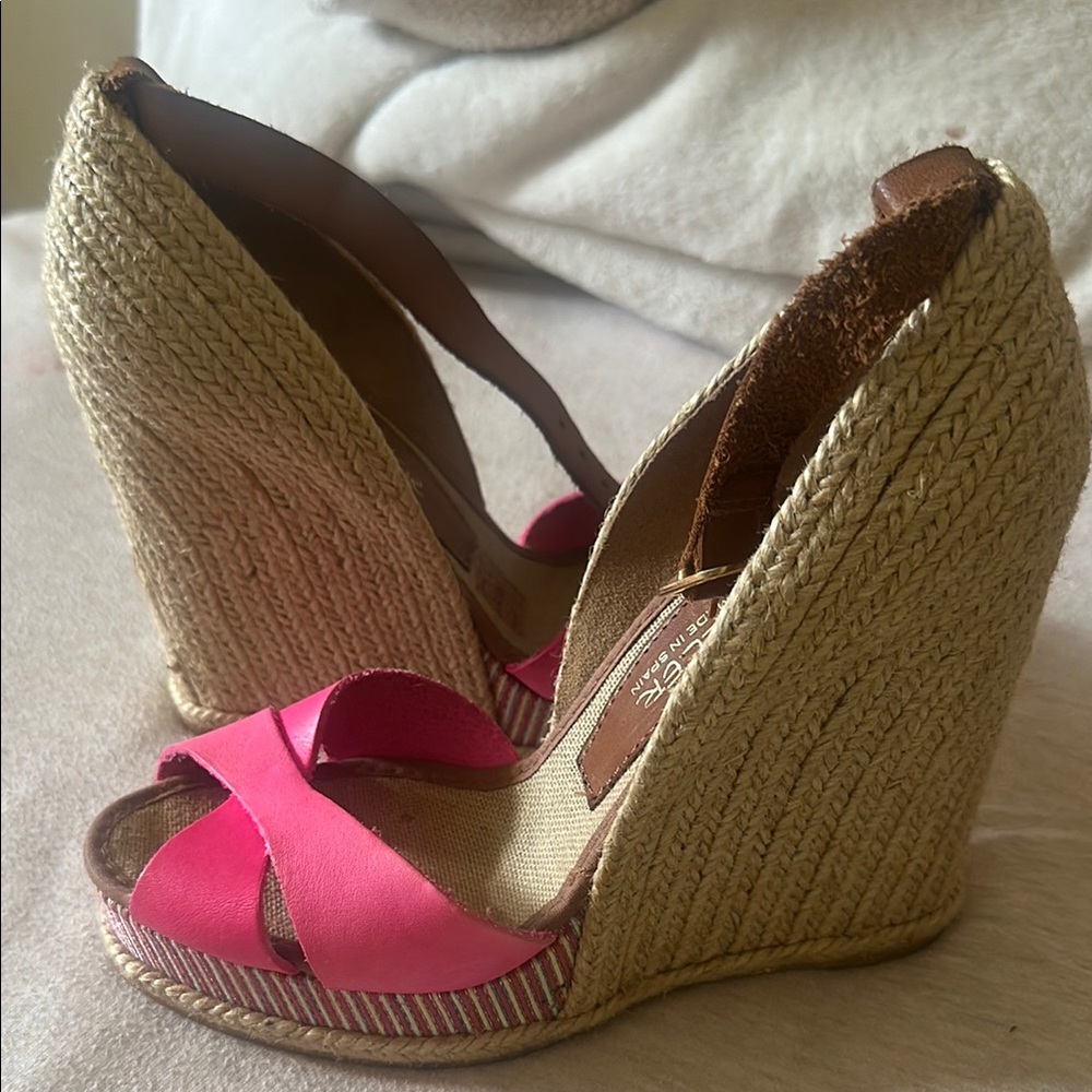 Vibrant Pink and Tan Espadrille Wedges